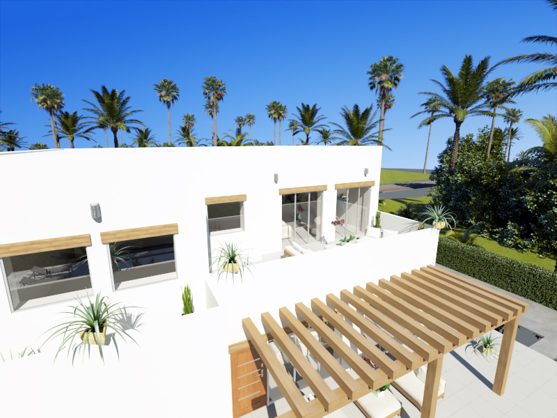 Exterior view of the upper floor featuring a white facade with wooden accents, a spacious terrace with lounge seating, and a backdrop of palm trees.