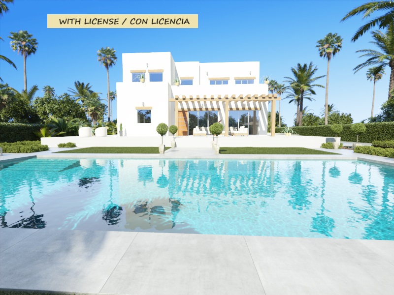 Modern two-story white villa featuring a large turquoise swimming pool, a wooden pergola-covered terrace, and a landscaped garden with palm trees.