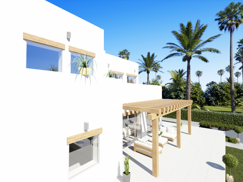 Modern white facade featuring wooden lintels, a timber pergola over a furnished lounge terrace, and a landscaped garden with mature palm trees.