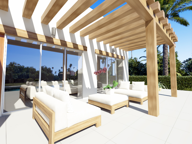 Outdoor terrace featuring a robust wooden pergola, modern lounge furniture with white upholstery, and large glass sliders reflecting the Mediterranean landscape.