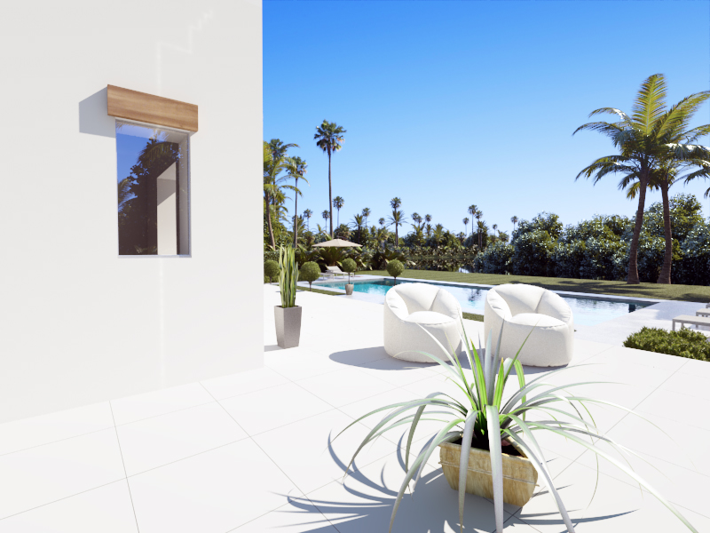 Outdoor terrace featuring white tiling, modern lounge seating by the swimming pool, and a landscaped Mediterranean garden with mature palm trees.