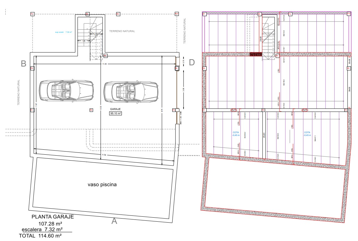 Technical floor plan of the basement level showing a spacious 95 m² garage, staircase access, and the structural layout of the pool basin.