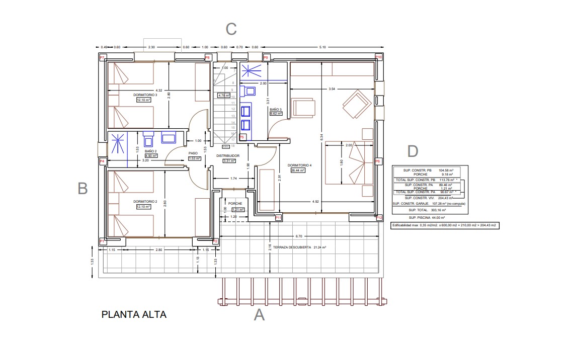 Technical floor plan of the upper level detailing three bedrooms, two full bathrooms, and a 21 sqm open terrace with access from the master suite.