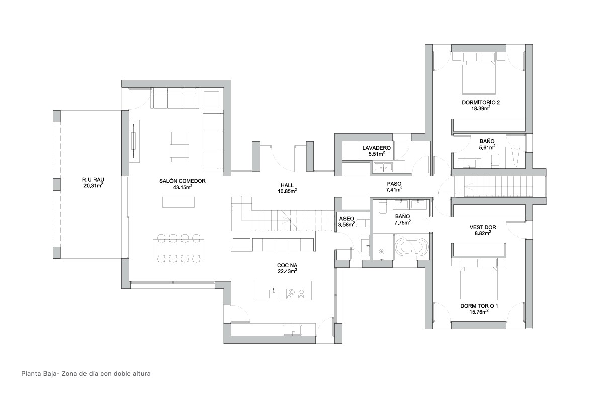 Detailed ground floor plan showing the layout of the living-dining area, kitchen with island, two en-suite bedrooms, and the traditional riu-rau porch.
