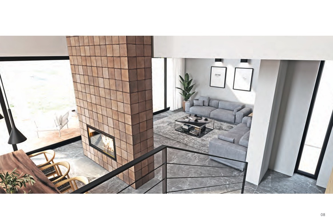 Elevated view of the living area featuring a central terracotta-tiled fireplace, grey marble flooring, and expansive windows providing abundant natural light.