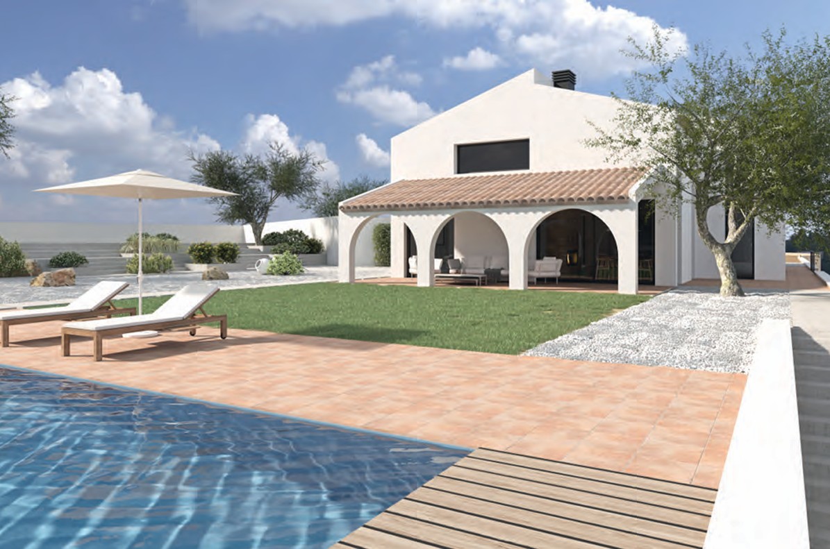 Exterior view showing the swimming pool, terracotta sun deck, and traditional arched porch set within a landscaped Mediterranean garden.