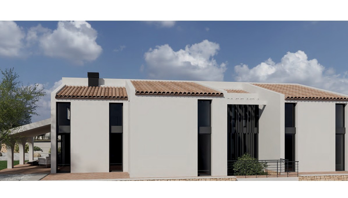 Modern finca-style exterior featuring white facades, traditional terracotta tile roofs, and tall vertical windows with dark frames.