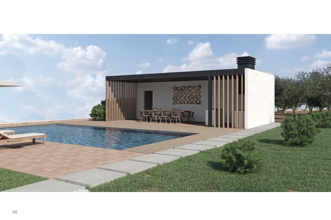 Modern outdoor dining pavilion with vertical wooden slats, a large table, and an integrated kitchen area situated next to the swimming pool and sun terrace.