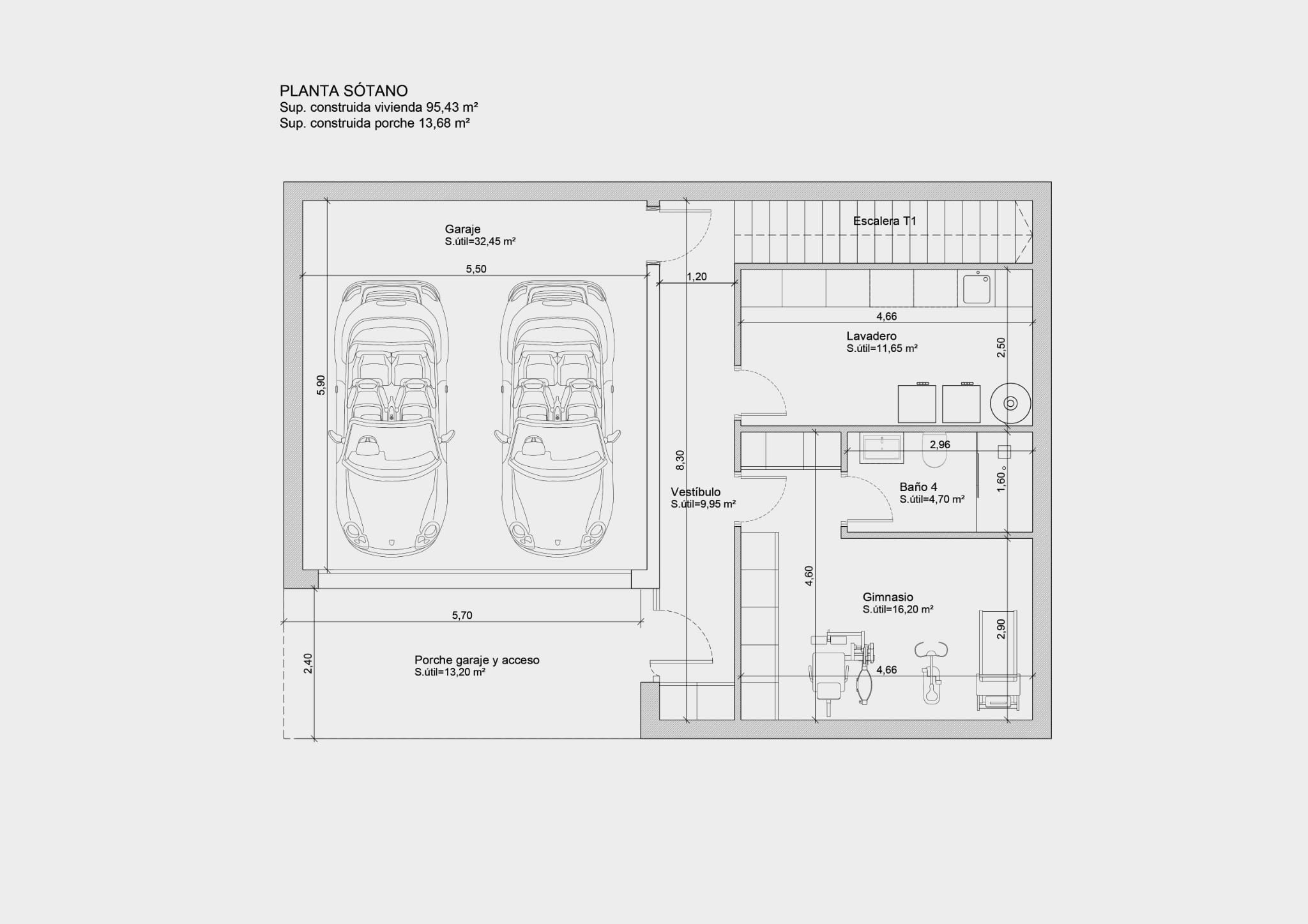 Detailed floor plan of the basement level featuring a double garage, private gym, laundry room, full bathroom, and entrance vestibule.