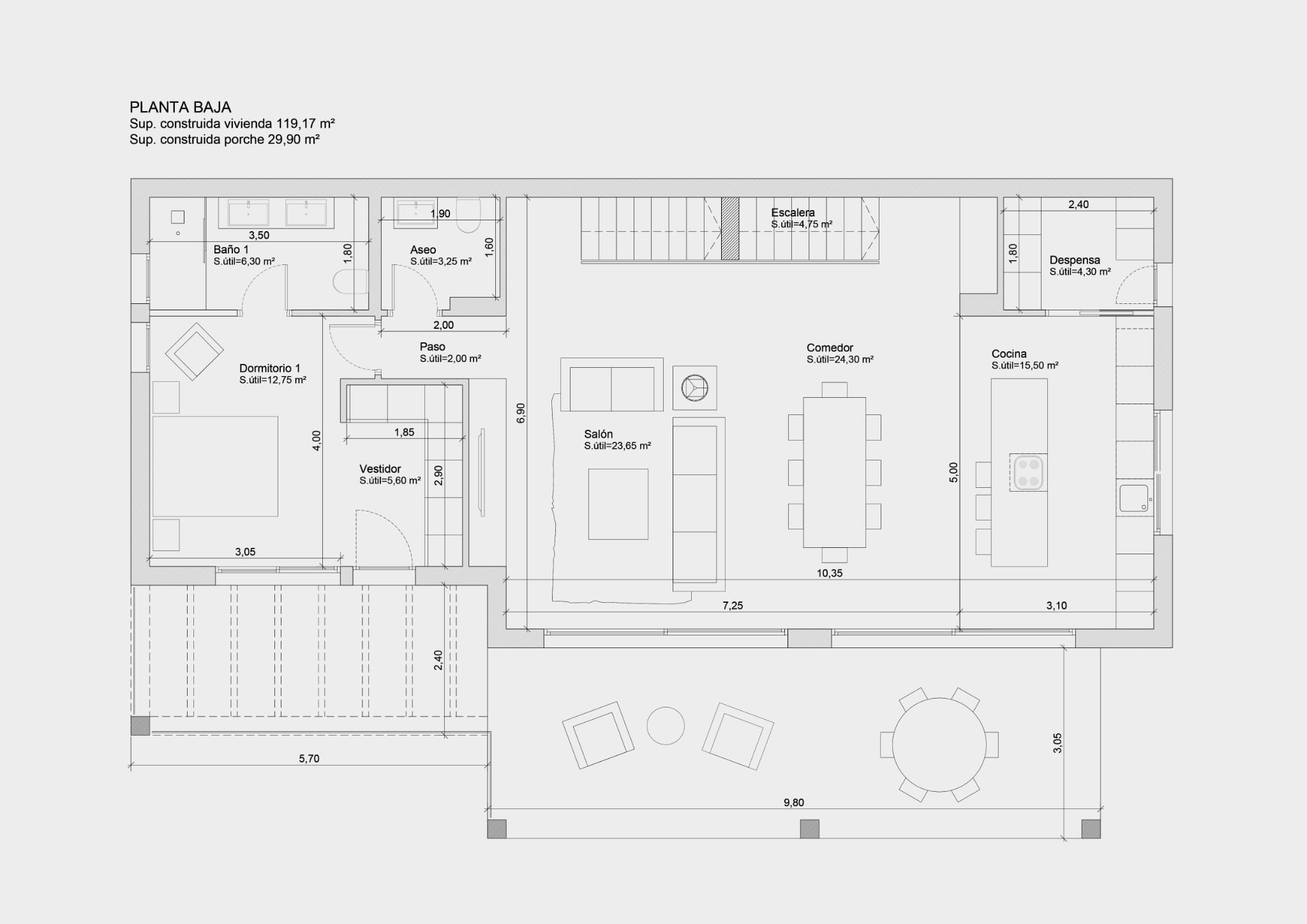 Detailed ground floor plan featuring an open-plan living and dining area, kitchen with island, master suite with walk-in closet, and a spacious covered terrace.