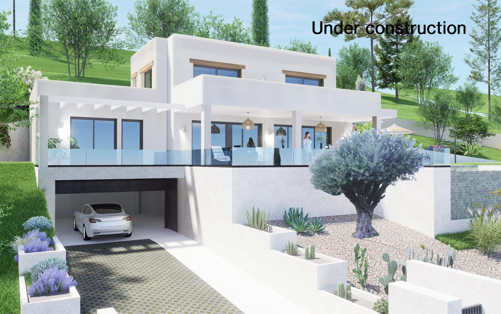 Exterior view of the modern villa featuring a white facade, spacious terraces with glass railings, Mediterranean landscaping, and an integrated double garage.