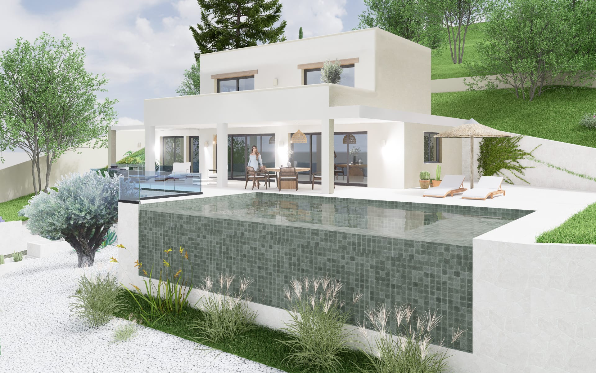 Exterior view of the villa featuring a green-tiled infinity pool and white terrace. The minimalist facade includes a covered porch and landscaped Mediterranean garden.