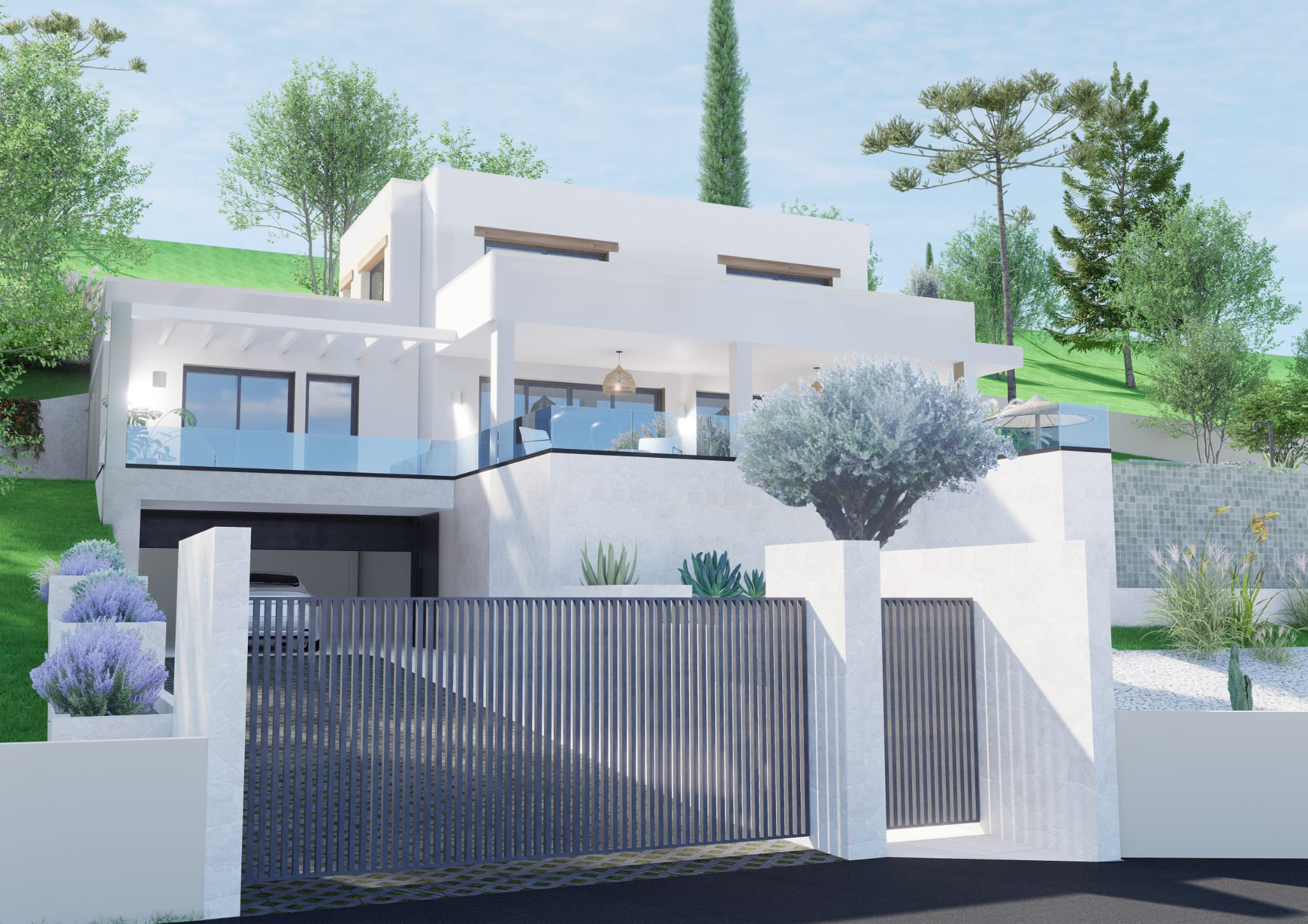 Modern villa exterior featuring a grey slatted entrance gate, stone-clad walls, and a double garage. The design includes glass-balustrade terraces and Mediterranean landscaping.