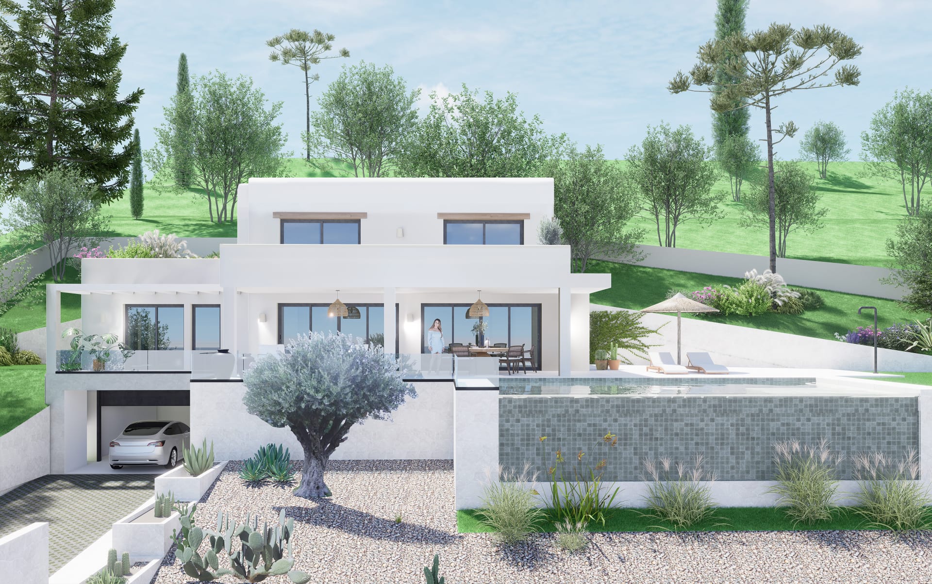 Modern villa exterior featuring a white facade, grey mosaic infinity pool, Mediterranean landscaping with an olive tree, and a built-in garage.