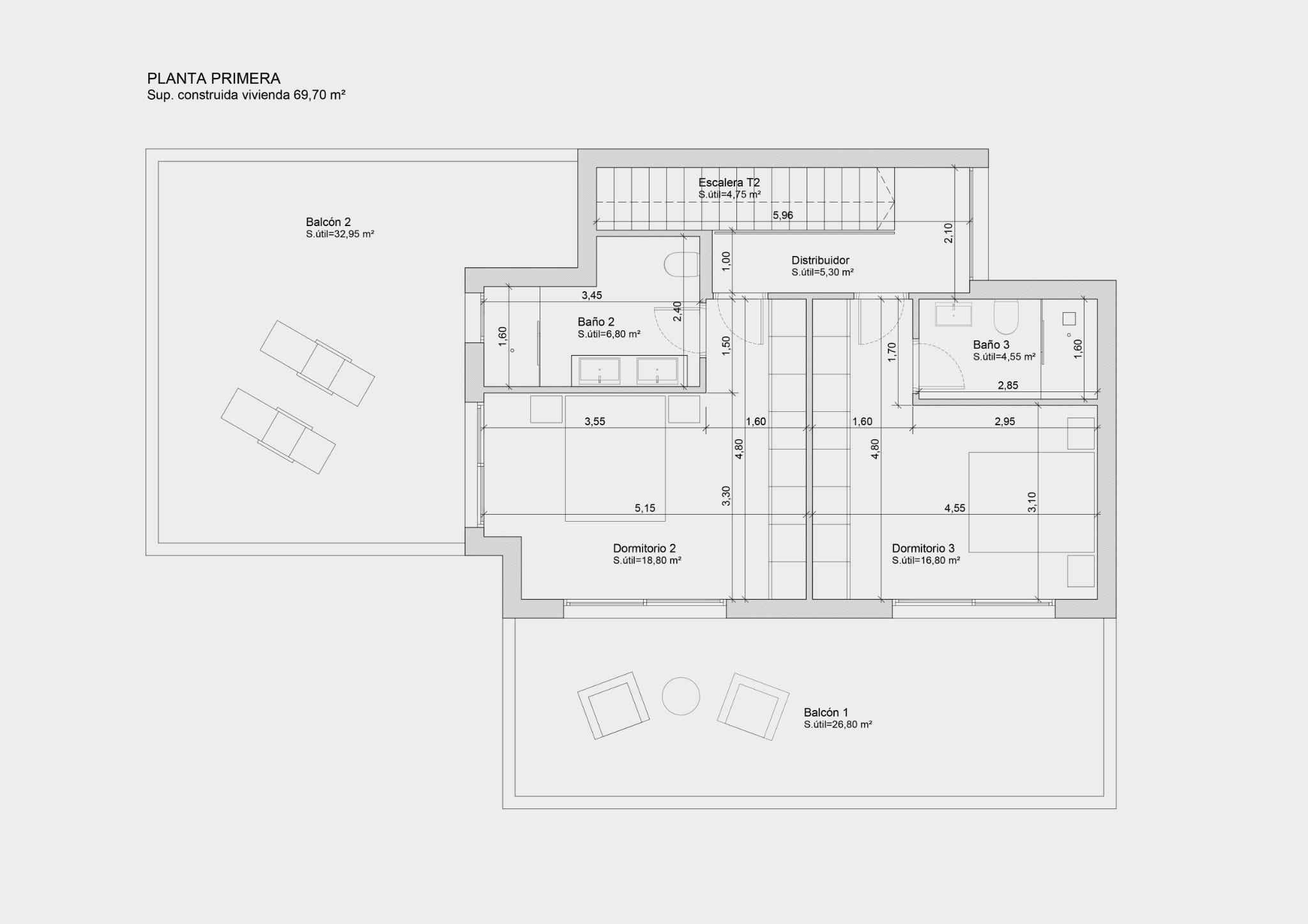 Technical floor plan of the first floor showing two en-suite bedrooms, a central hallway, and two expansive private balconies totaling nearly 60 m².