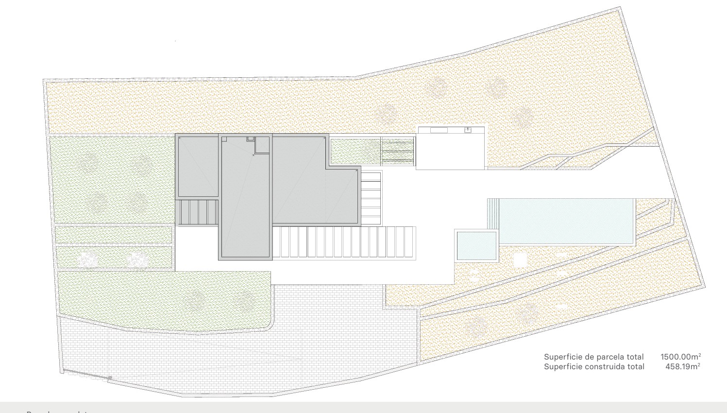 Detailed site plan of the 1,500 sqm plot illustrating the villa's footprint, landscaped garden areas, and the large rectangular swimming pool.