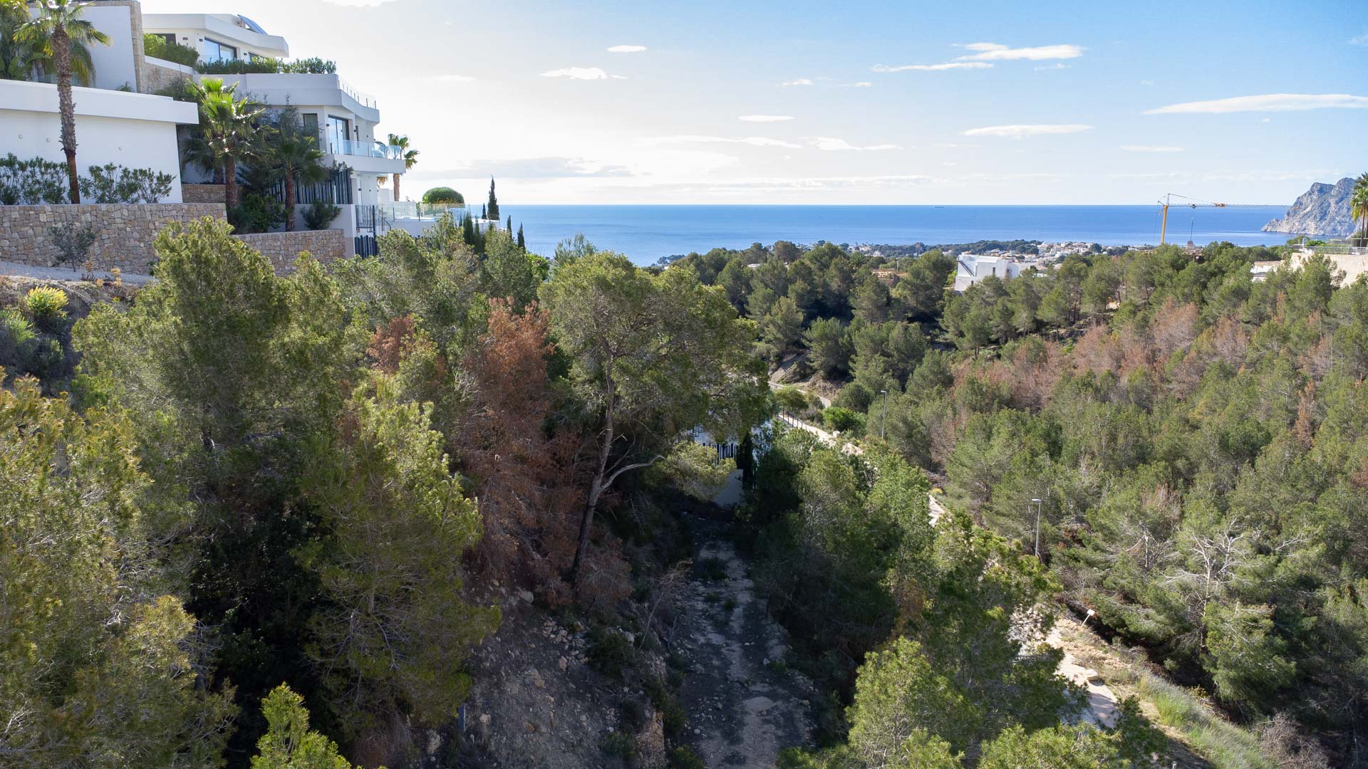 Panoramic views of the Mediterranean Sea and Peñón de Ifach from the elevated plot, surrounded by native pine forest and modern luxury villas.