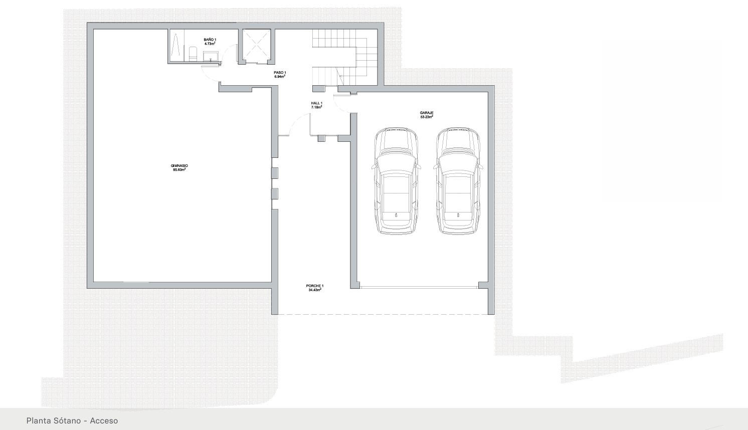 Technical floor plan of the basement level, detailing a double garage, a spacious 85 sqm gym, a bathroom, and access via stairs and a private elevator.