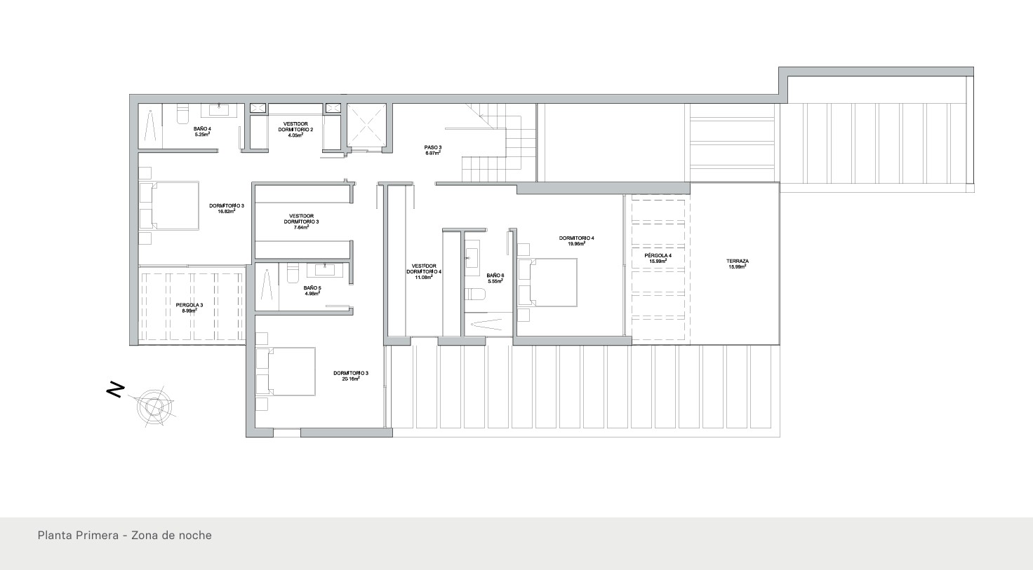 Technical floor plan of the first floor showing the night area with three en-suite bedrooms, private dressing rooms, and access to outdoor terraces and pergolas.