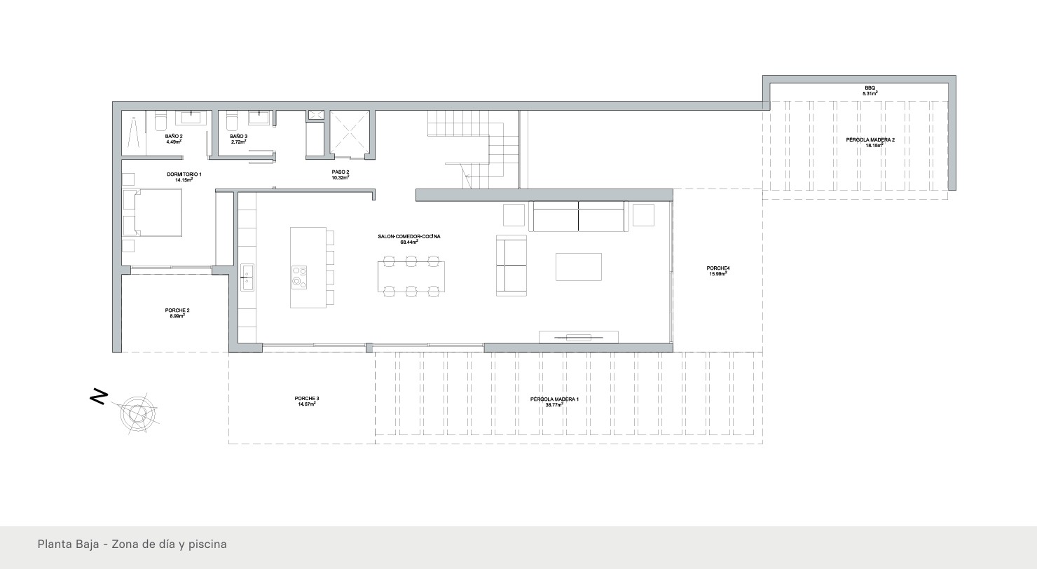 Technical floor plan of the ground level showing a 68sqm open-plan living space, one en-suite bedroom, extensive covered porches, and an outdoor BBQ area.