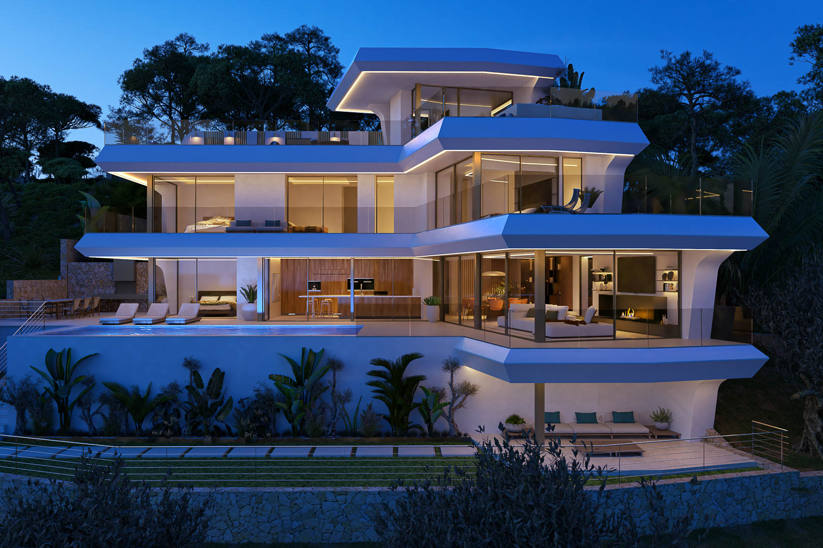 Contemporary multi-level villa featuring cantilevered terraces with integrated LED lighting, an infinity pool, and floor-to-ceiling glazing showcasing the interior.