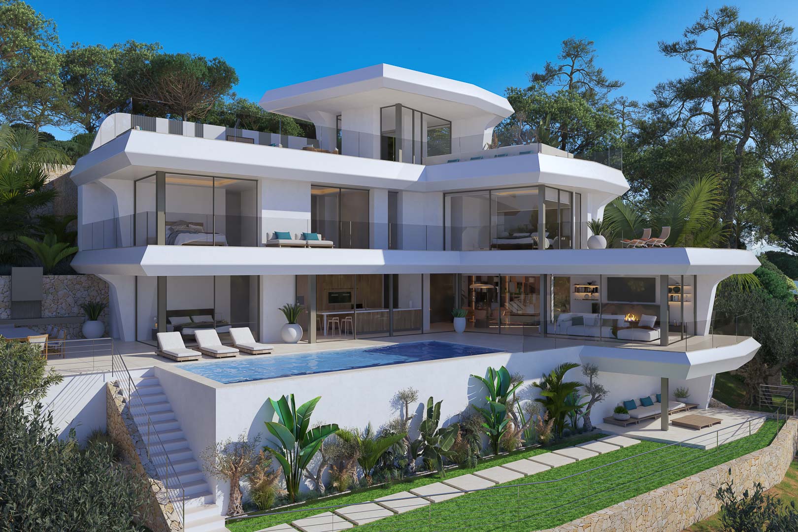 Contemporary three-story villa featuring floor-to-ceiling glass, an infinity pool, and tiered terraces overlooking a landscaped garden with stone walls.