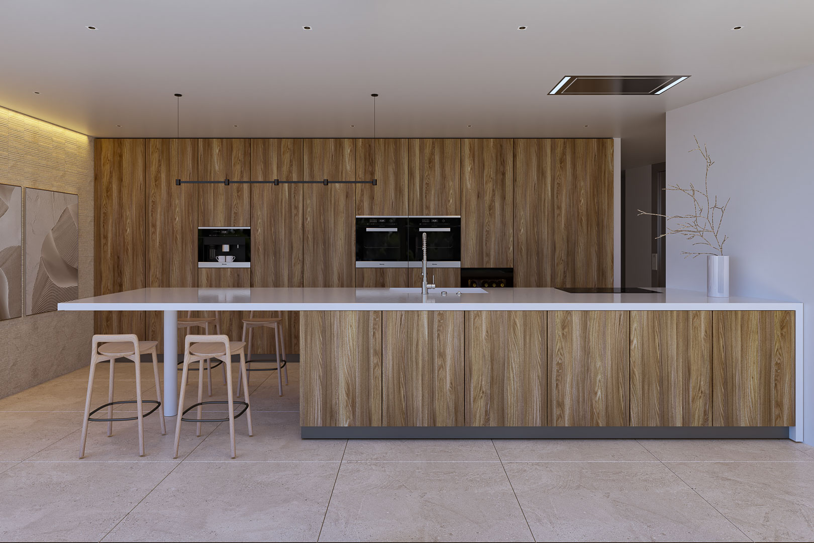 Designer kitchen featuring a large central island with white countertop, natural wood cabinetry, and integrated appliances. Minimalist bar stools and stone flooring.