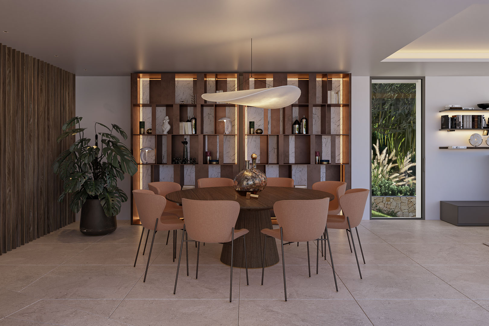 Dining area featuring a round wooden table, terracotta upholstered chairs, and a sculptural pendant. Includes a custom backlit marble shelving unit and garden views.