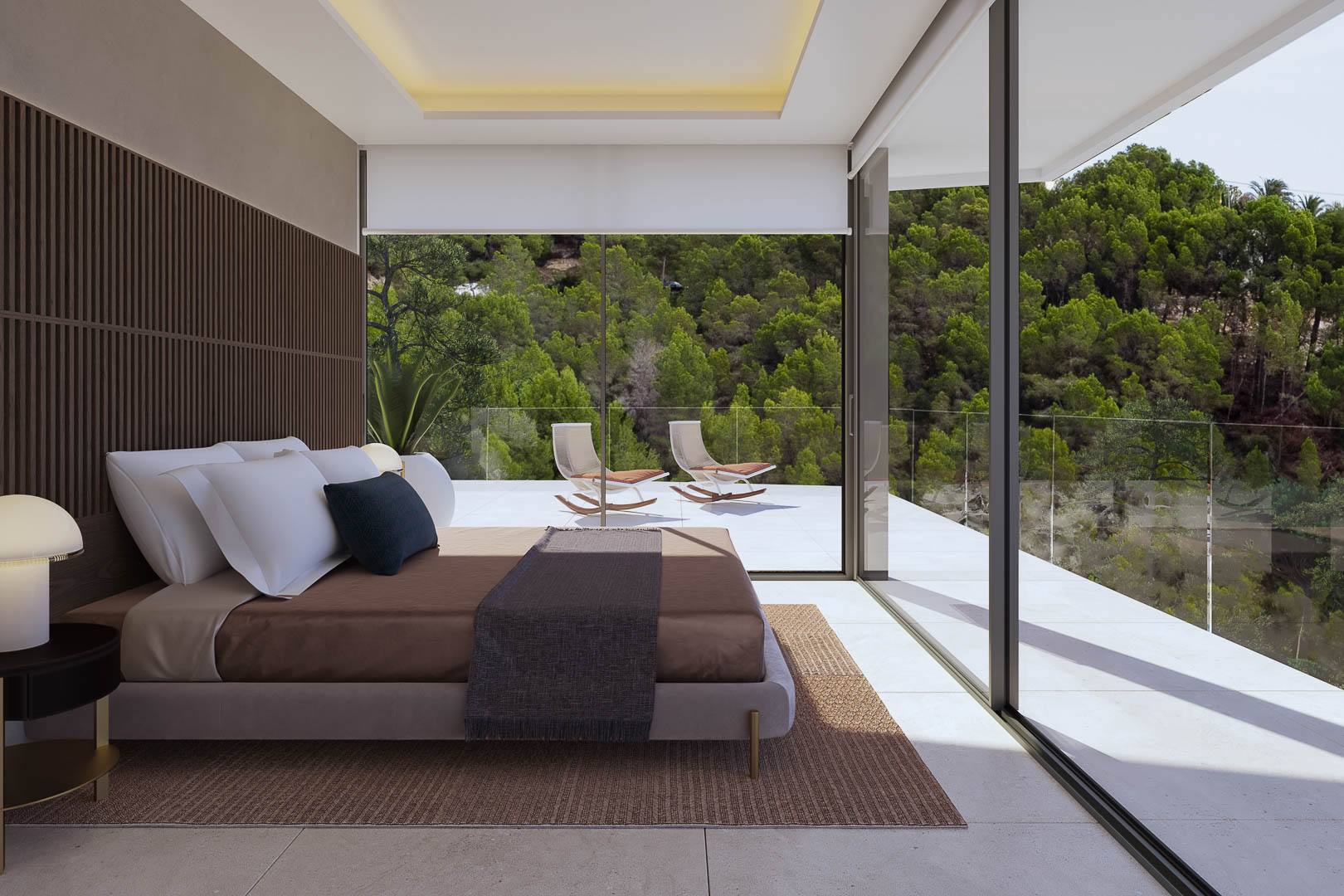 Master bedroom featuring floor-to-ceiling glass doors, private terrace with forest views, and a contemporary slatted wood accent wall with recessed lighting.
