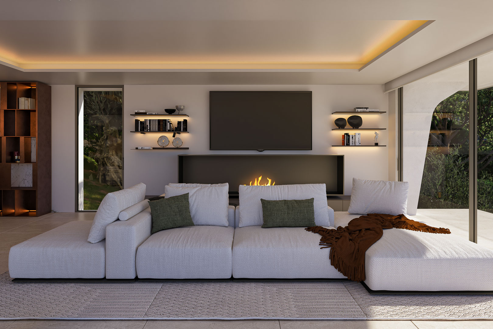 Modern living area featuring a modular white sofa, integrated linear fireplace, and backlit shelving. Large floor-to-ceiling windows offer direct views of the garden.