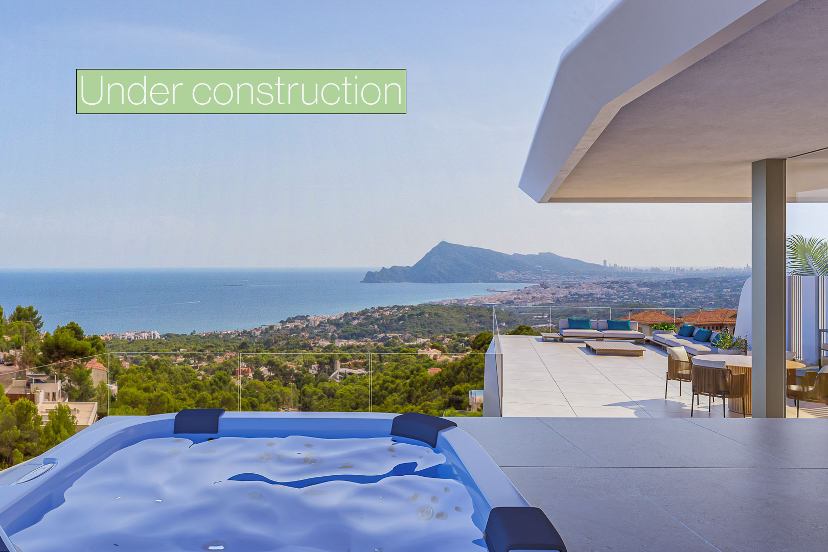 Outdoor spa on a spacious terrace featuring panoramic views of the Mediterranean coastline. Includes a lounge area, glass railings, and modern architectural lines.