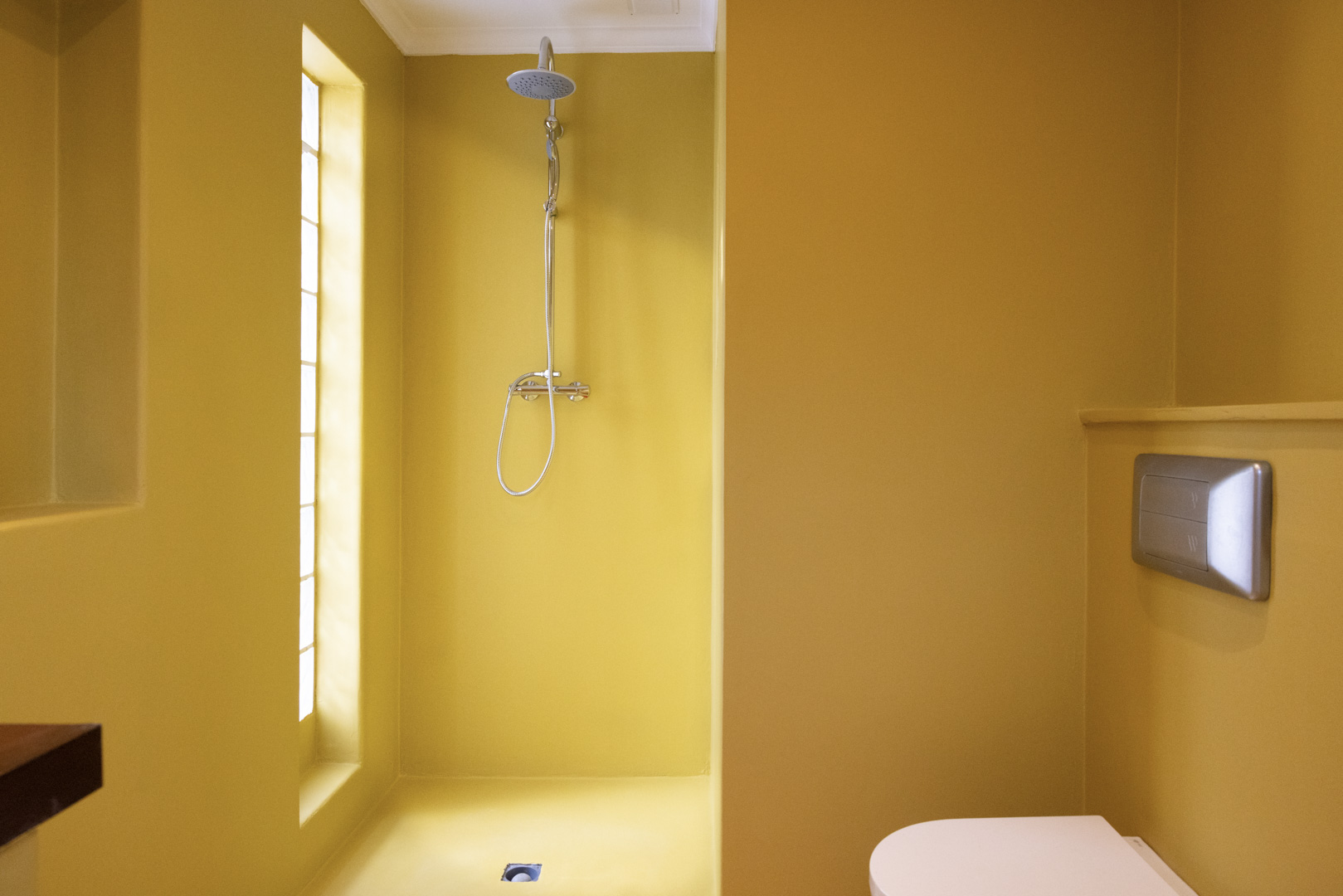 Bathroom featuring mustard-colored walls, steel shower fixtures, and a vertical window.