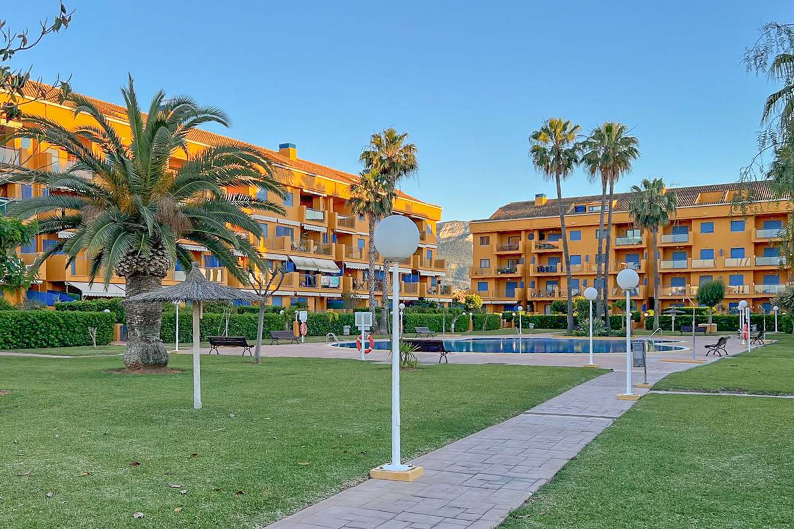 View of the communal garden with pool, palm trees, and residential buildings in Dénia.