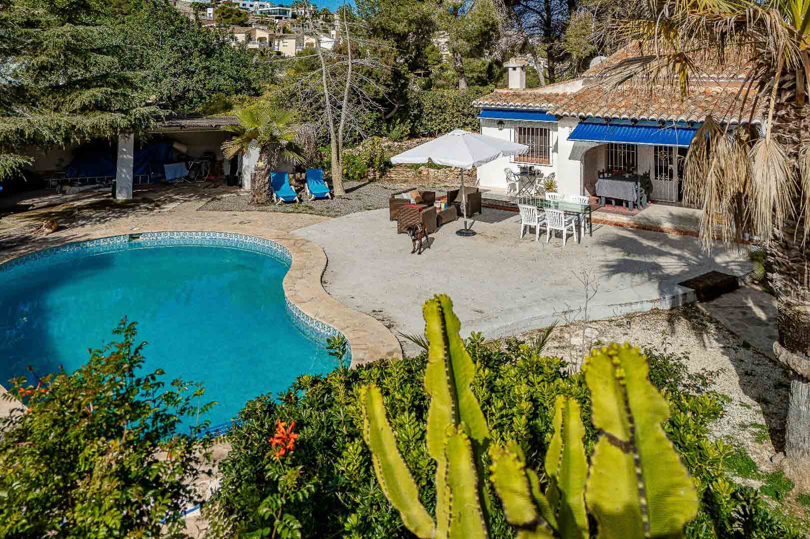 Mediterranean villa exterior featuring a curved swimming pool, spacious sun terrace with dining area, and traditional white architecture with blue accents.