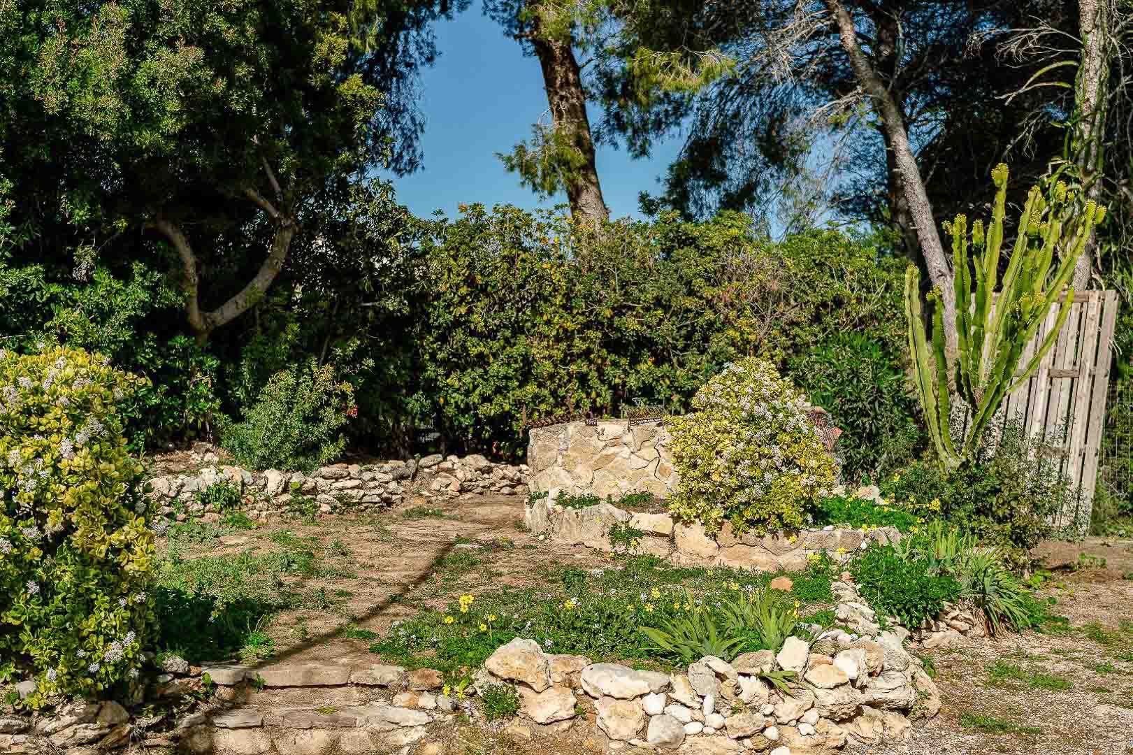 Rustic garden featuring dry stone walls, native Mediterranean plants, and a central stone well structure set against a backdrop of mature pine trees.