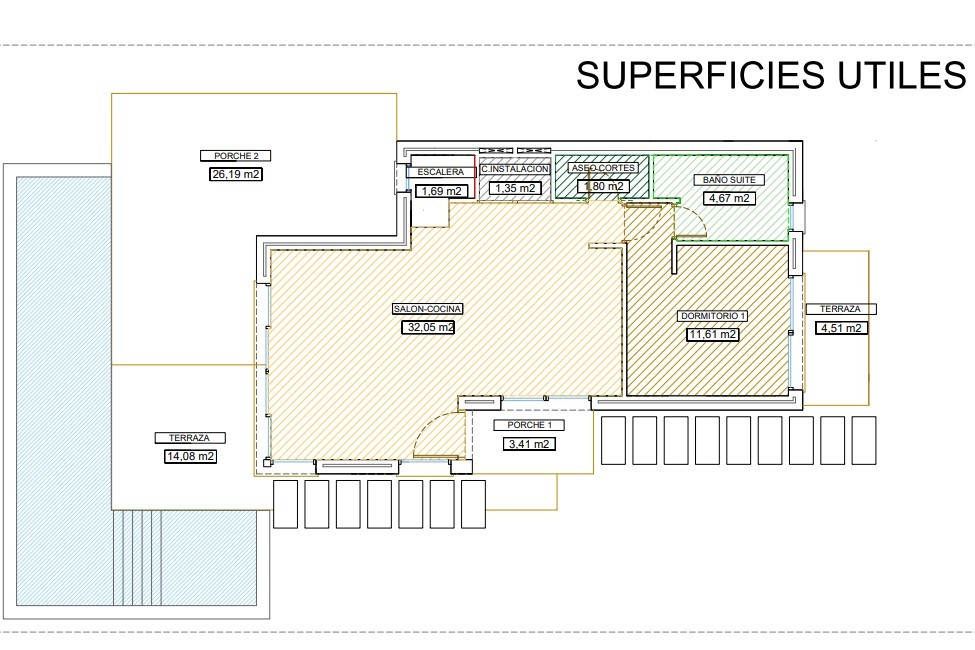 Detailed ground floor plan featuring an open-plan living and kitchen area, a bedroom with en-suite bathroom, and spacious outdoor porches and terraces surrounding the pool.