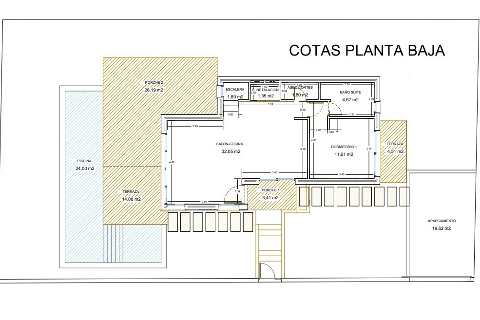 Detailed ground floor plan featuring an open-plan living and kitchen area, a master suite with private bathroom, guest toilet, outdoor terraces, and a 24m2 swimming pool.