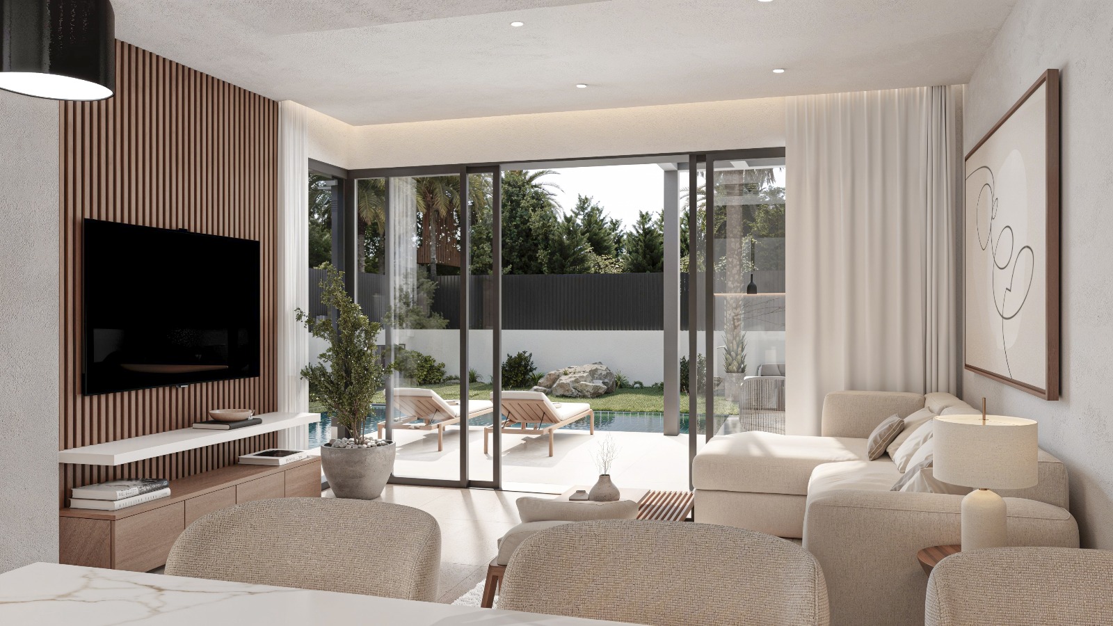 Modern living room featuring a wooden slat accent wall, neutral furnishings, and large sliding glass doors that open to the private terrace and pool area.