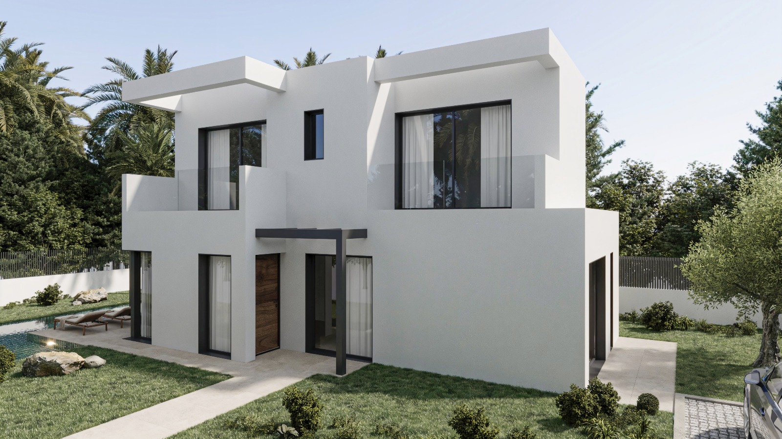 Modern two-story villa exterior featuring a white minimalist facade, dark window frames, glass-railed terraces, and a private pool area set within a landscaped garden.