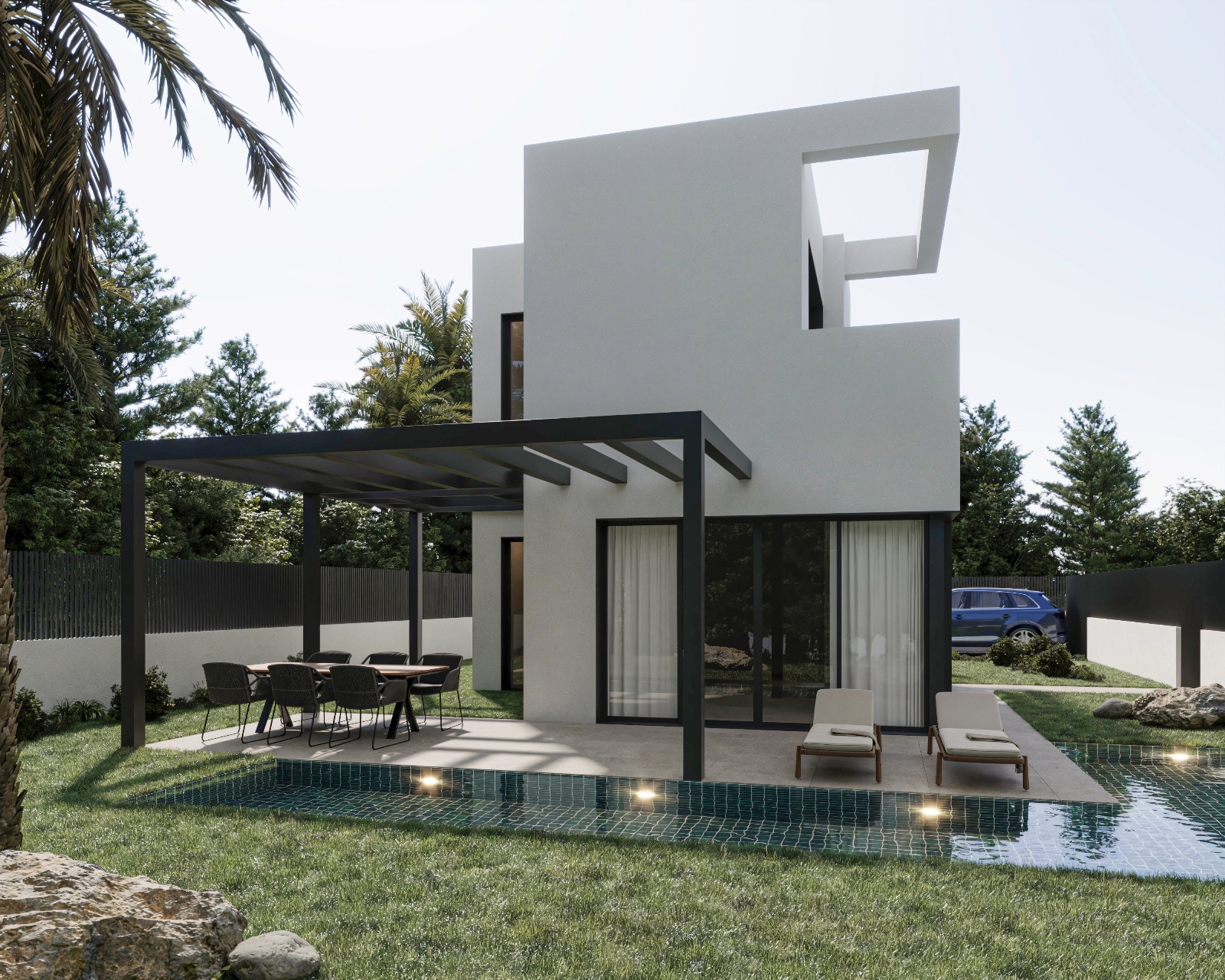 Modern two-story villa featuring a white minimalist facade, a black pergola over the outdoor dining area, and a private pool with integrated lighting.