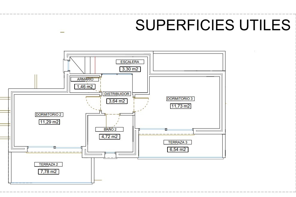 Upper floor plan detailing two double bedrooms with private terraces, a shared bathroom, and precise measurements for each functional living space.