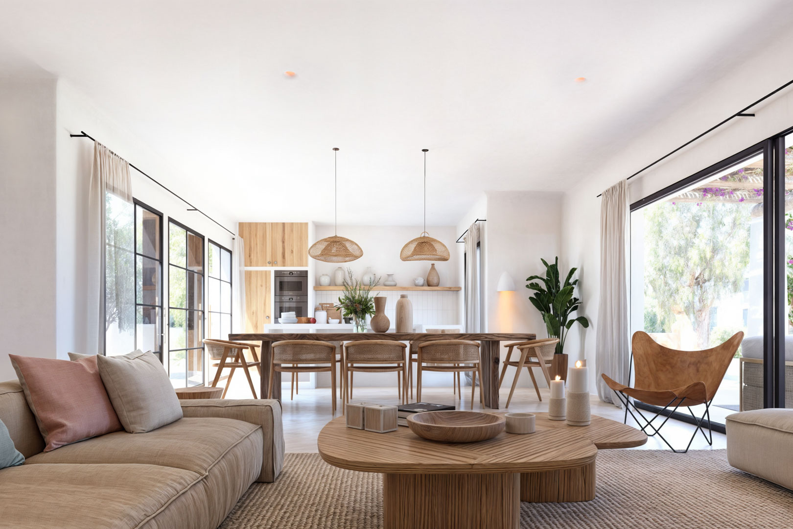 Bright living-dining area with light wood furniture and natural design touches.
