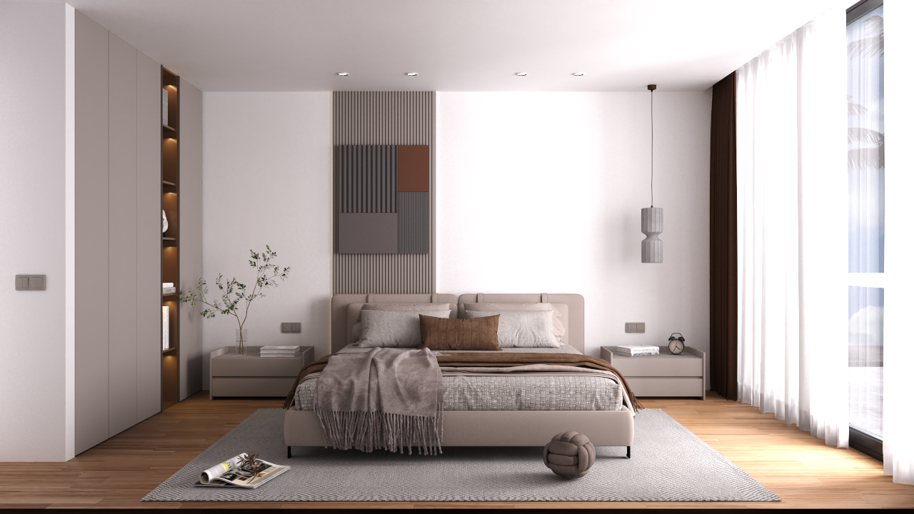 Contemporary bedroom with wood flooring, textured wall paneling, and built-in wardrobes featuring integrated LED lighting and large windows.