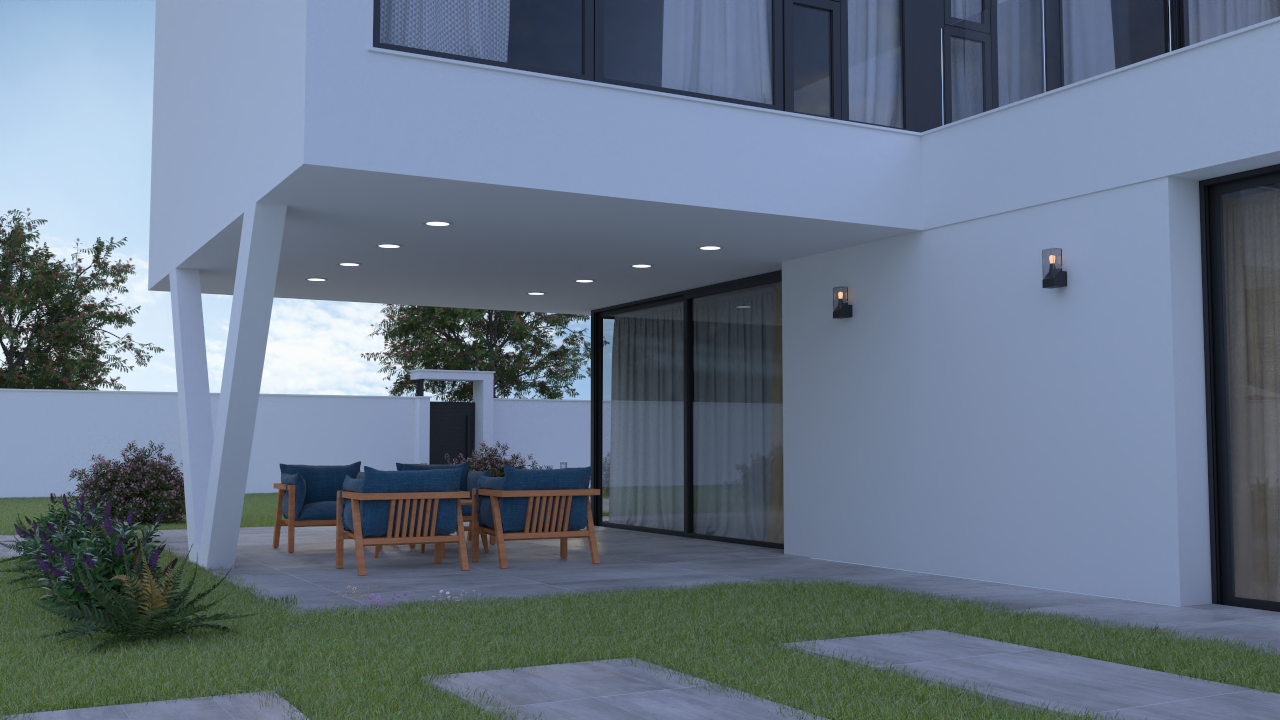 Covered terrace beneath the cantilevered upper floor, featuring recessed spotlights, wooden lounge seating, and large sliding glass doors.
