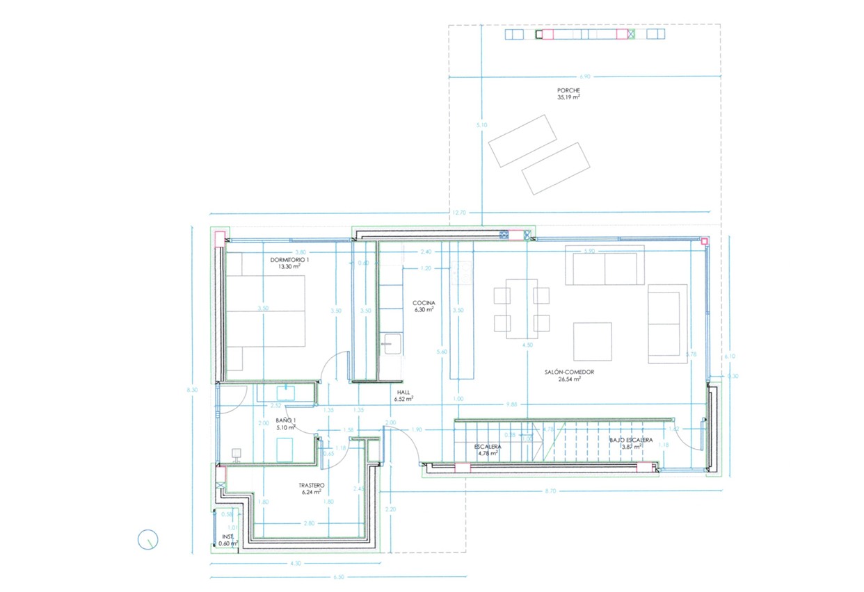 Detailed ground floor plan of Model C featuring an open-plan living area, integrated kitchen, one bedroom with en-suite bathroom, and a spacious 35 m² porch.