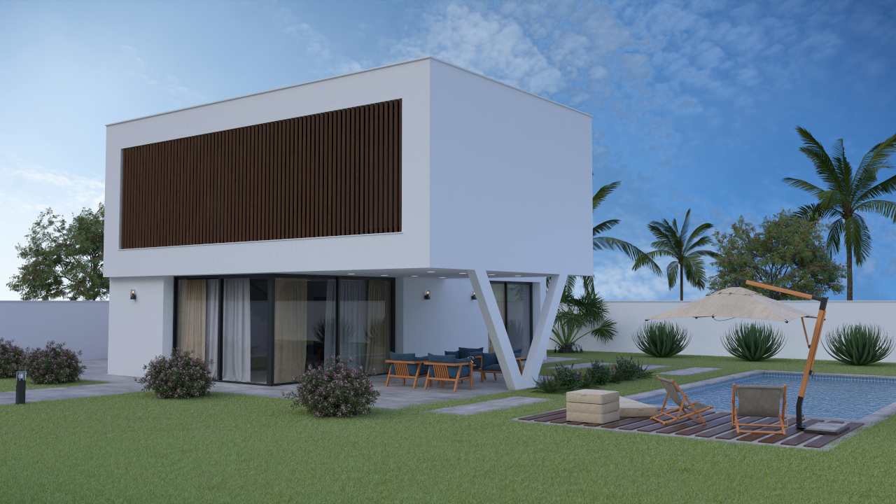 Exterior view of the modern villa featuring a cantilevered upper floor, V-shaped structural pillar, and a private pool with sun deck.