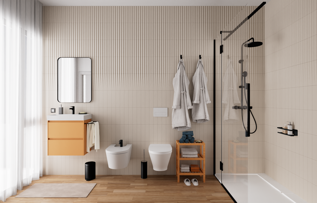 Modern bathroom featuring a walk-in shower with black hardware, wall-hung sanitary ware, and vertical ribbed wall tiles. An oak-finish floating vanity adds warmth to the space.