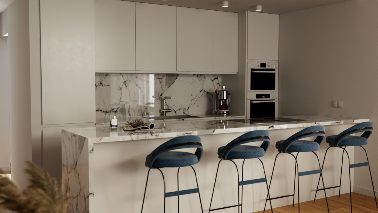 Modern kitchen featuring a marble-effect island with blue designer bar stools and integrated appliances. Minimalist white cabinetry and recessed lighting complete the space.