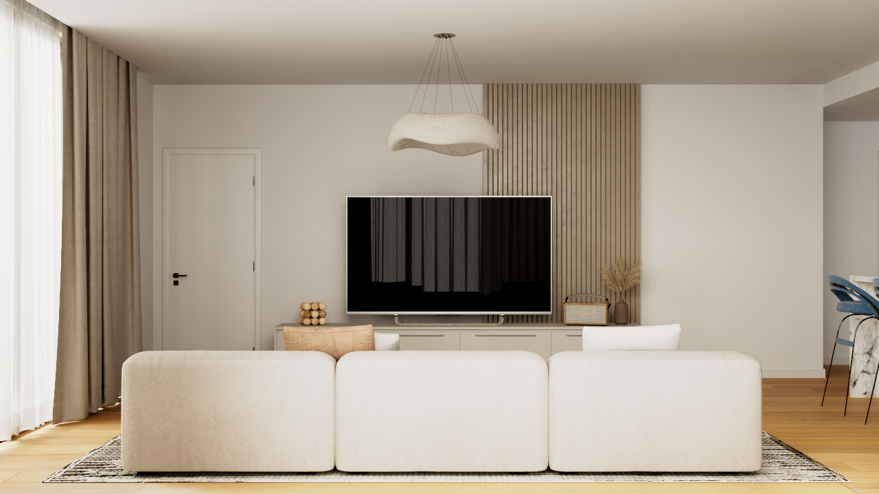Modern living area featuring a wooden slat accent wall, a cream modular sofa, and an organic-shaped designer pendant light.