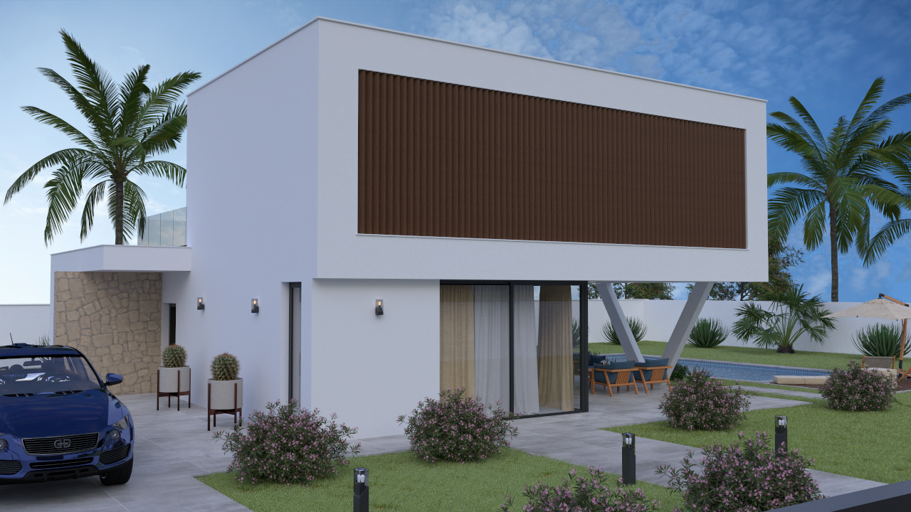 Modern two-story villa featuring a white facade with brown vertical louvers, a cantilevered upper floor, and a landscaped garden with a private pool.